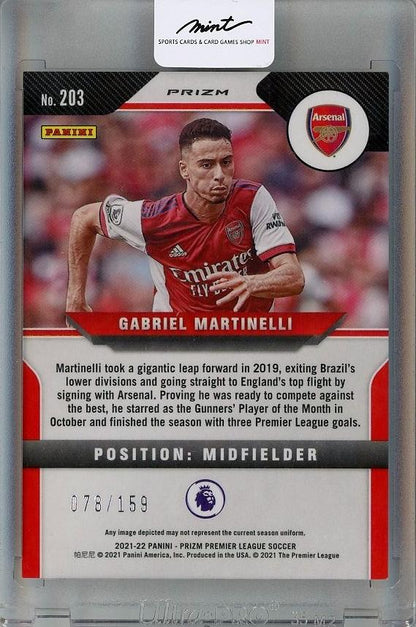 2021-22 Panini Prizm English Premier League Gabriel Martinelli Red Mojo rookie card serial 078 of 159 with minor front scratch