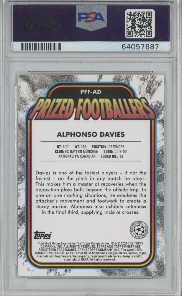 2020-21 Topps Finest UEFA Champions League Alphonso Davies Yellow Red Fusion trading card graded PSA10 with back stain