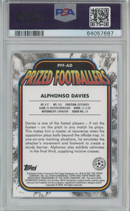 2020-21 Topps Finest UEFA Champions League Alphonso Davies Yellow Red Fusion trading card graded PSA10 with back stain