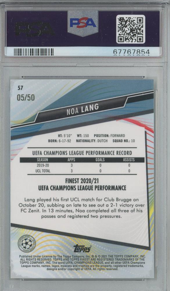 2020-21 Finest UEFA Champions League Noa Lang Gold Refractor #5705/50PSA10 Club Brugge
