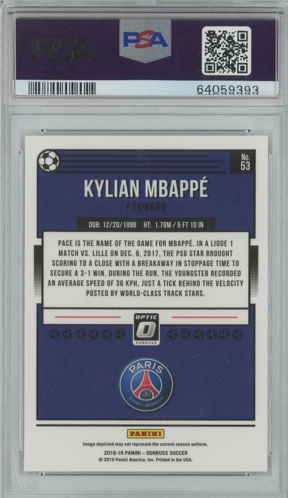 2018-19 Donruss Kylian Mbappe #53PSA9 Paris Saint-Germain