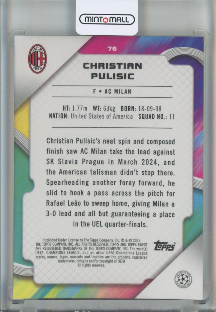 2024-25 Finest UEFA Club Competitions Christian Pulisic Gold Refractors #7620/50 AC Milan