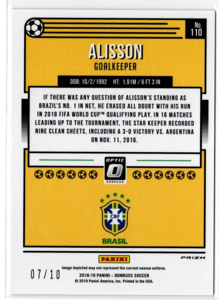 2018-19 Panini Donruss Alisson Optic Gold #110 football trading card numbered 7 out of 10