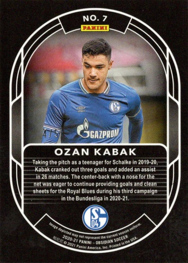 2020-21 Panini Obsidian trading card featuring Ozan Kabak in Pitch Black Electric Etch Red, numbered 4/5