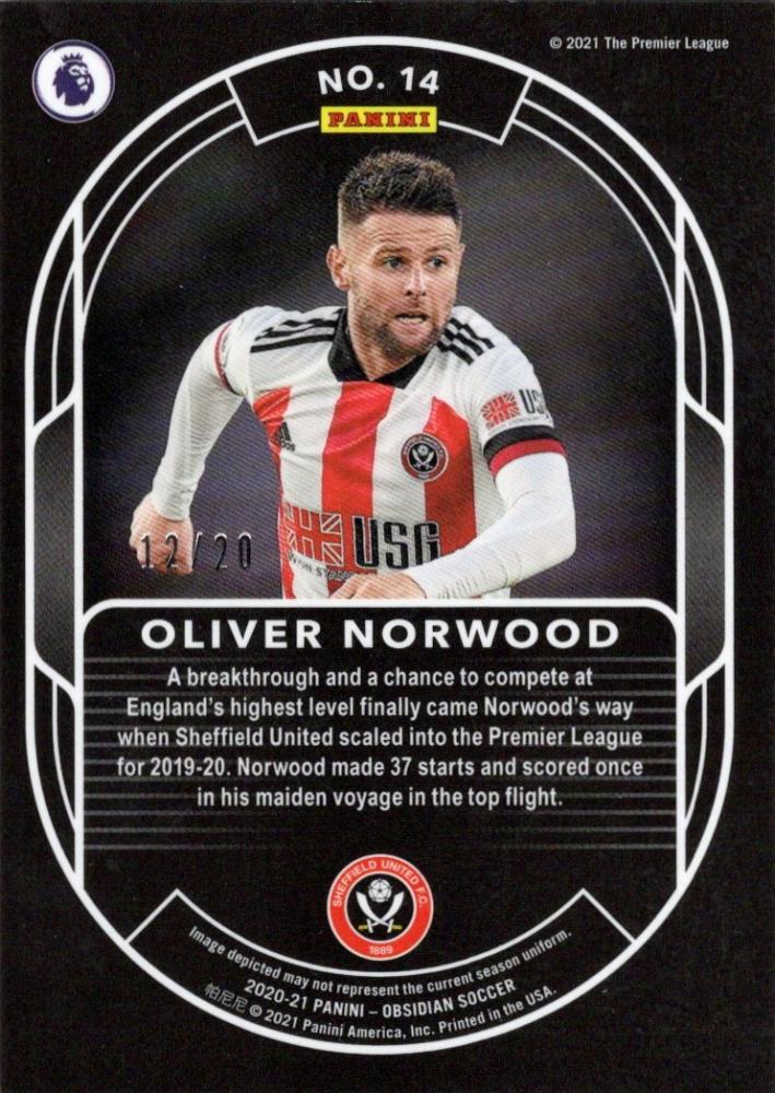 2020-21 Panini Obsidian Oliver Norwood Pitch Black Electric Etch Green #14 trading card limited 12 of 20