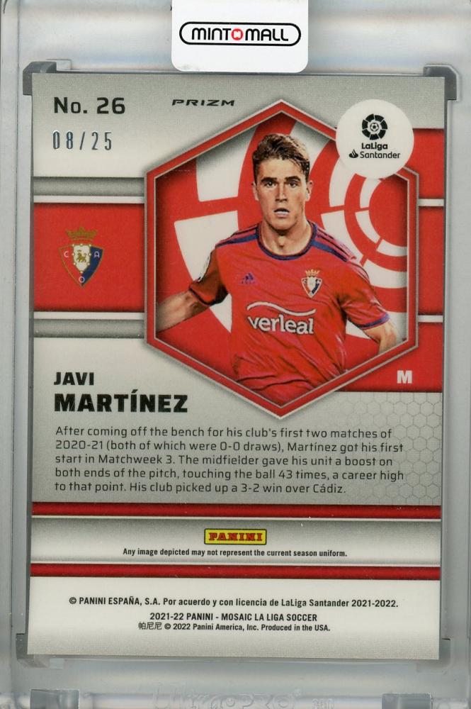 2021-22 Panini Mosaic La Liga Javi Martinez Base Pink Parallel Card from CA Osasuna numbered 08/25