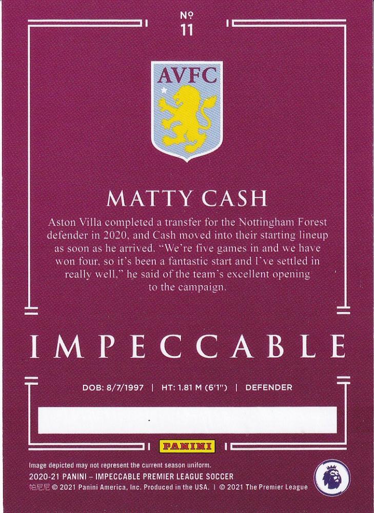 2020-21 Panini Impeccable Premier League Aston Villa Matty Cash Base card serial 47 out of 75