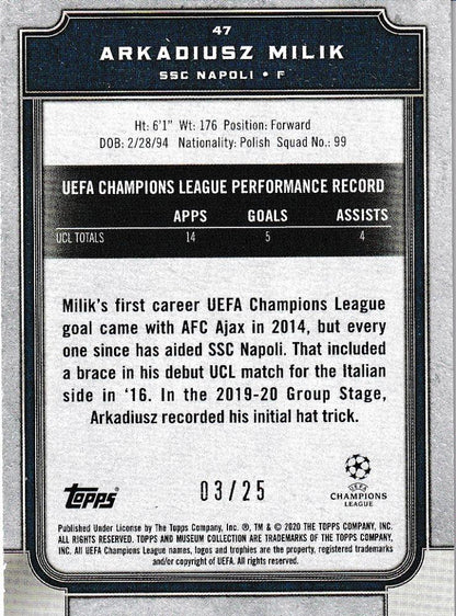 2019-20 Topps Museum Collection UEFA Champions League Arkadiusz Milik SSC Napoli Ruby card numbered 03 of 25 with minor stain on back