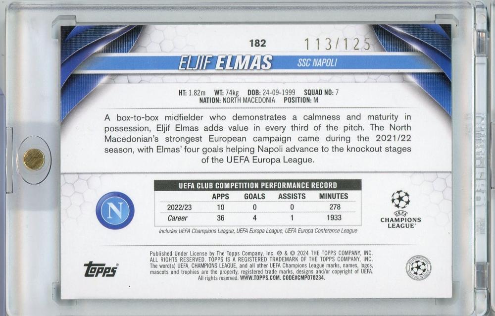 2023-24 TOPPS UEFA CLUB COMPETITIONS Eljif Elmas 113/125 Ssc Napoli