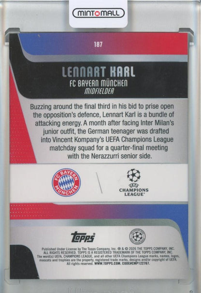2025-26 Topps UEFA Club Competitions Lennart Karl RC Diamante #187 FC Bayern Munich