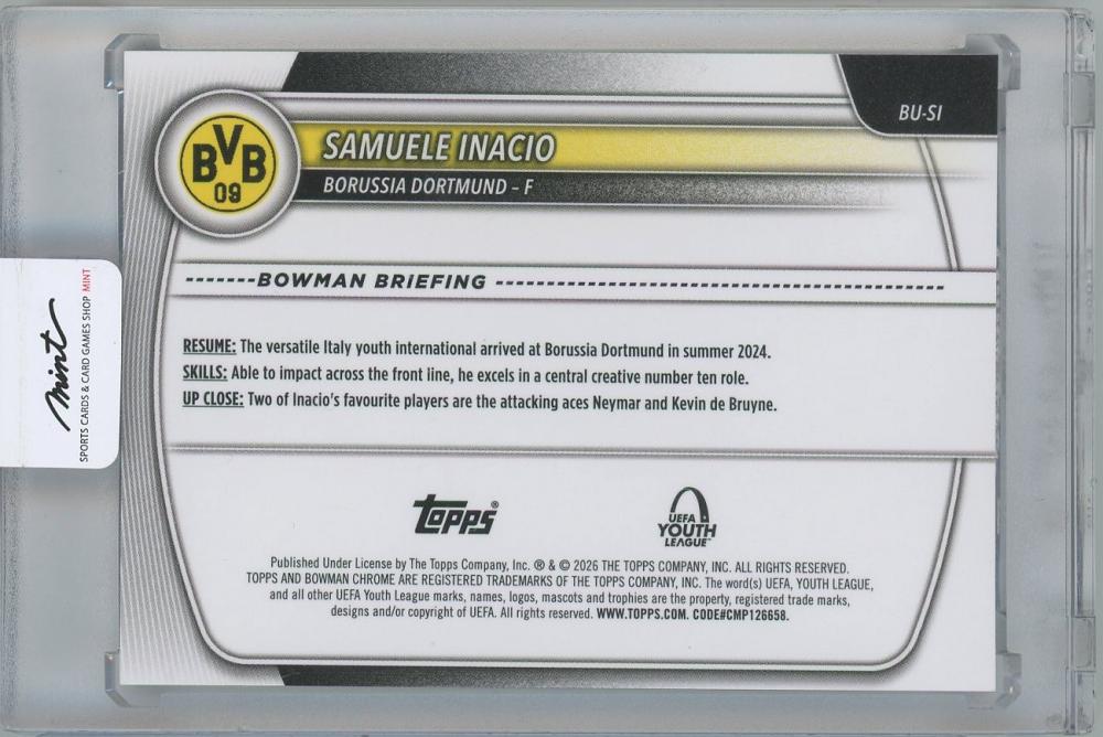 2025-26 TOPPS Chrome UEFA Club Competitions Bowman UEFA Youth League Purple Refractor / SAMUELE INACIO(Borussia Dortmund) 33/75