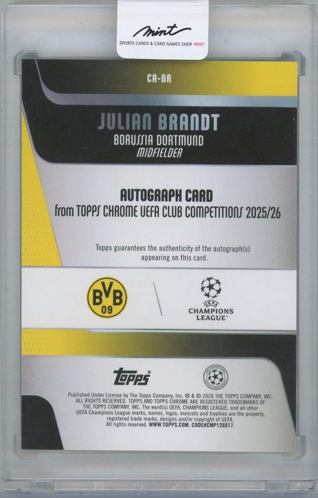 2025-26 TOPPS Chrome UEFA Club Competitions Autographs Aqua Refractors / JULIAN BRANDT(Borussia Dortmund) 193/199
