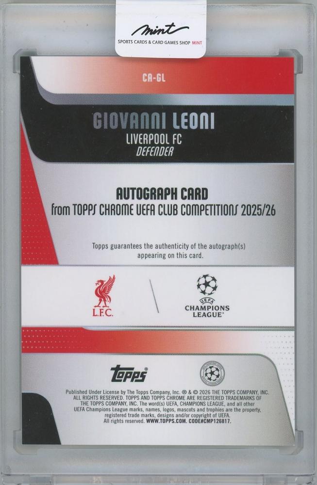 2025-26 TOPPS Chrome UEFA Club Competitions Autographs Aqua Lava Refractors / GIOVANNI LEONI(Liverpool FC) 009/199