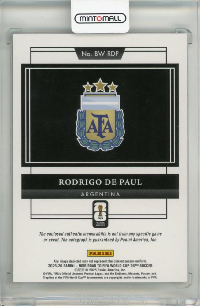 2025-26 Panini Noir Road to FIFA World Cup Rodrigo de Paul Autographed Memorabilia Black and White Prime #1505/10