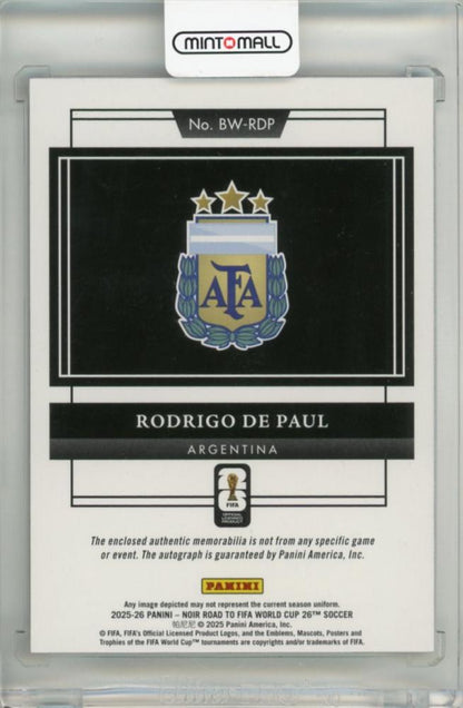 2025-26 Panini Noir Road to FIFA World Cup Rodrigo de Paul Autographed Memorabilia Black and White Prime #1505/10