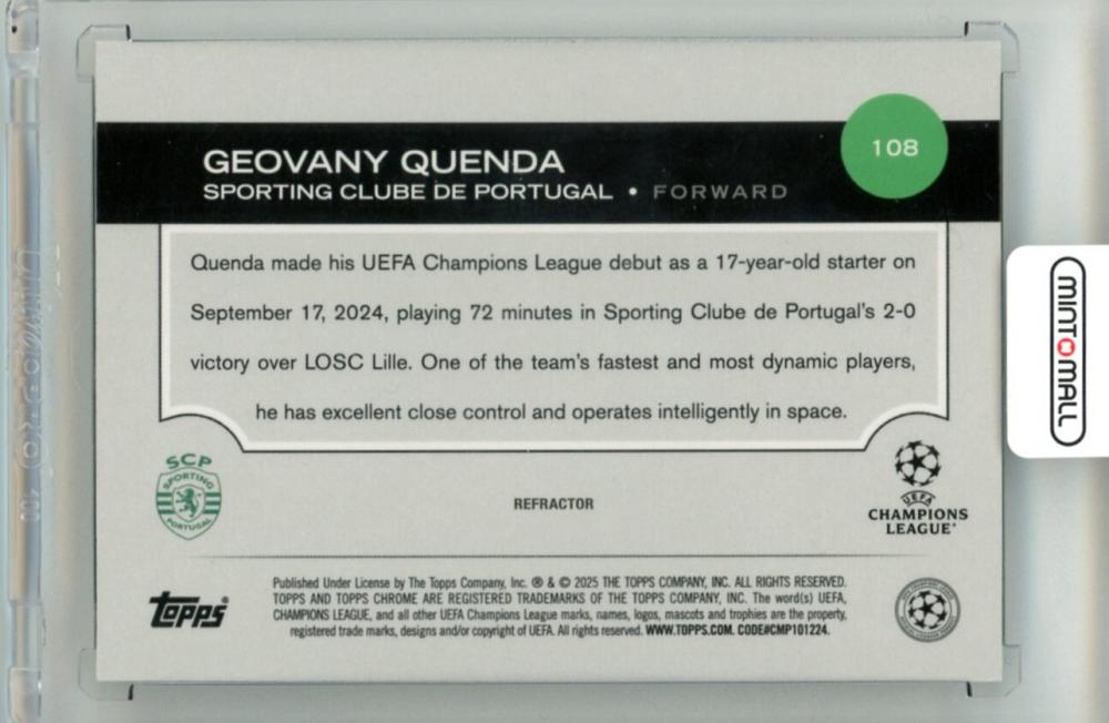 2024-25 Topps Chrome Uefa Club Competition Geovany Quenda #108 Base Refractor Parallel