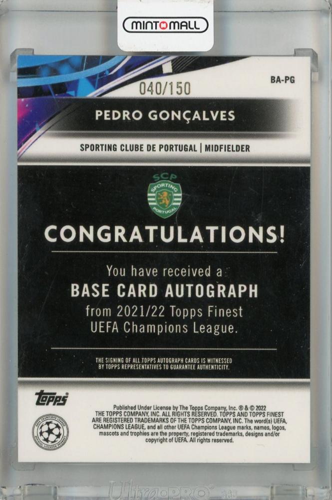2021-22 Topps Finest UEFA Champions League Pedro Goncalves Base Autographs Blue #BA-PG RC040/150 Sporting Clube De Portugal