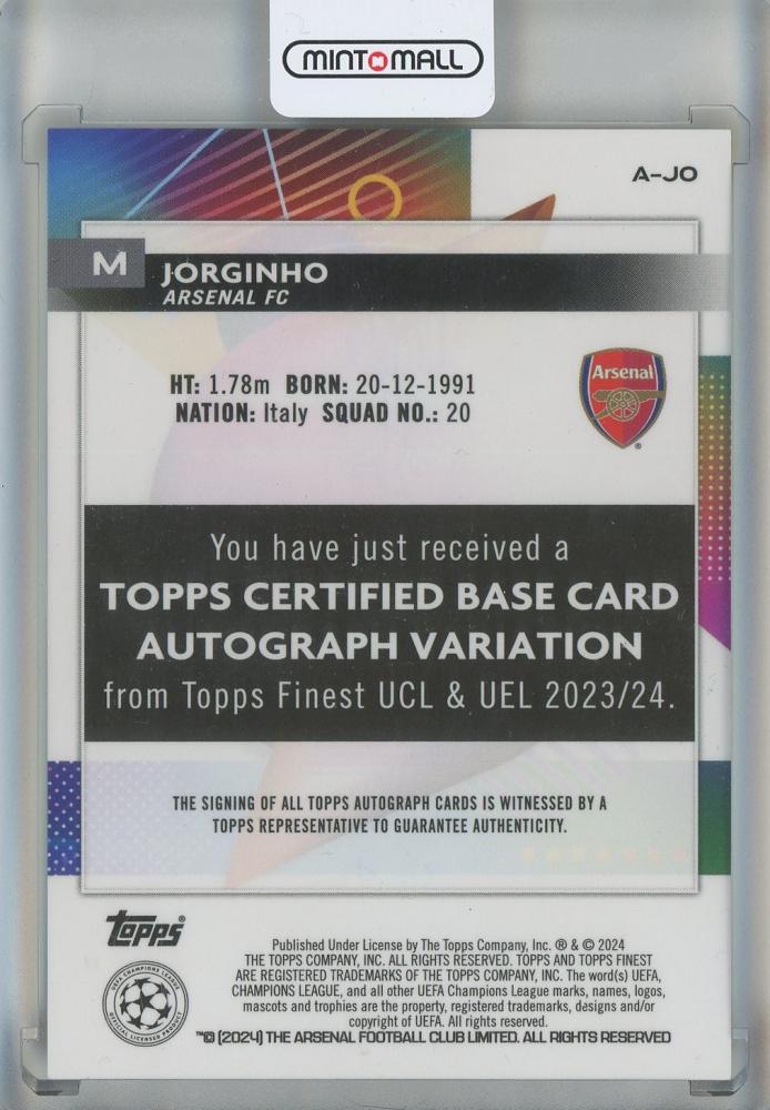2023-24 Topps Finest UEFA Jorginho #A-JO Auto Arsenal