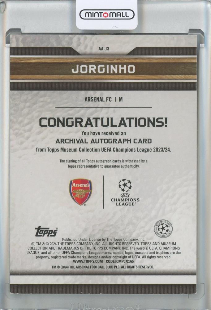 2023-24 Topps Museum Collection UEFA Champions League Jorginho Archival Autographs Gold #AAJ349/50 Arsenal