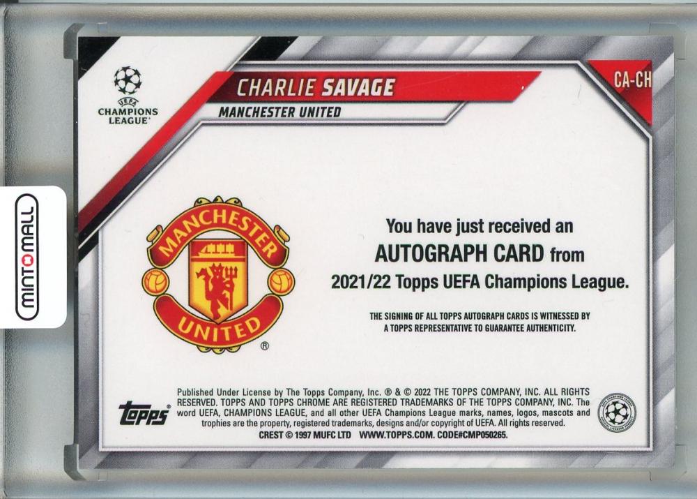 2021-22 Topps Chrome UEFA Champions League Charlie Savage RC Autographs #CACH Manchester United
