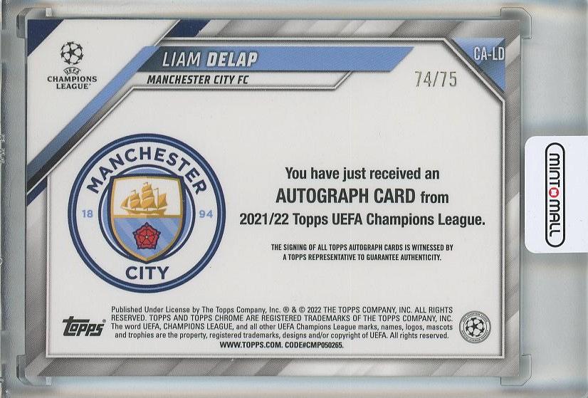 2021-22 Topps Chrome UEFA Champions League Liam Delap Autographs Blue Wave Refractors #CALD74/75 Manchester City
