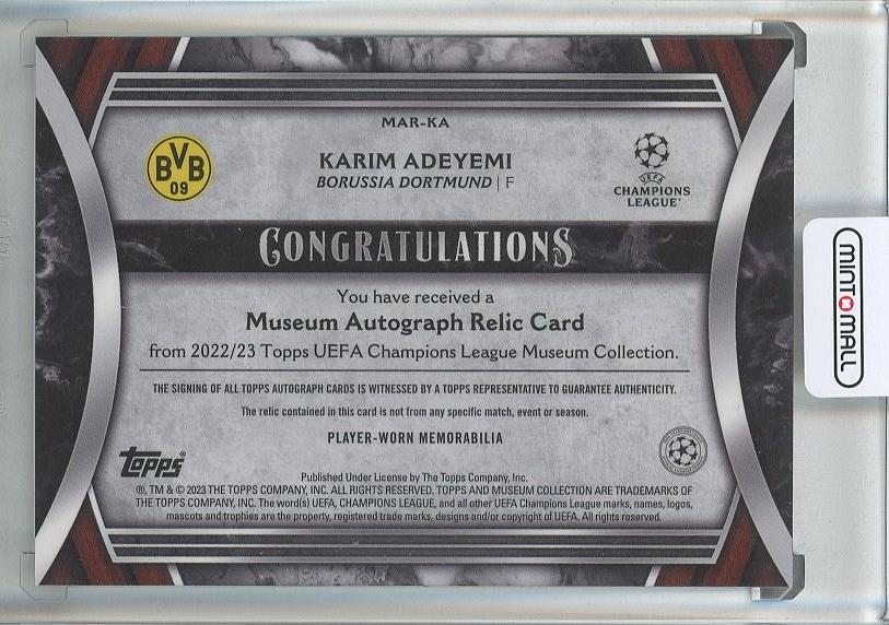 2022-23 Topps Museum Collection Karim Adeyemi UEFA Champions League Museum Autograph Relics Sapphire #MARKA62/75 Borussia Dortmund