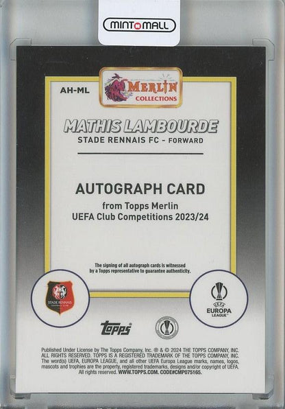 2023-24 Merlin UEFA Club Competitions Mathis Lambourde Autographs Black Refractors #AHML 7/10 Damaged Stade Rennais FC