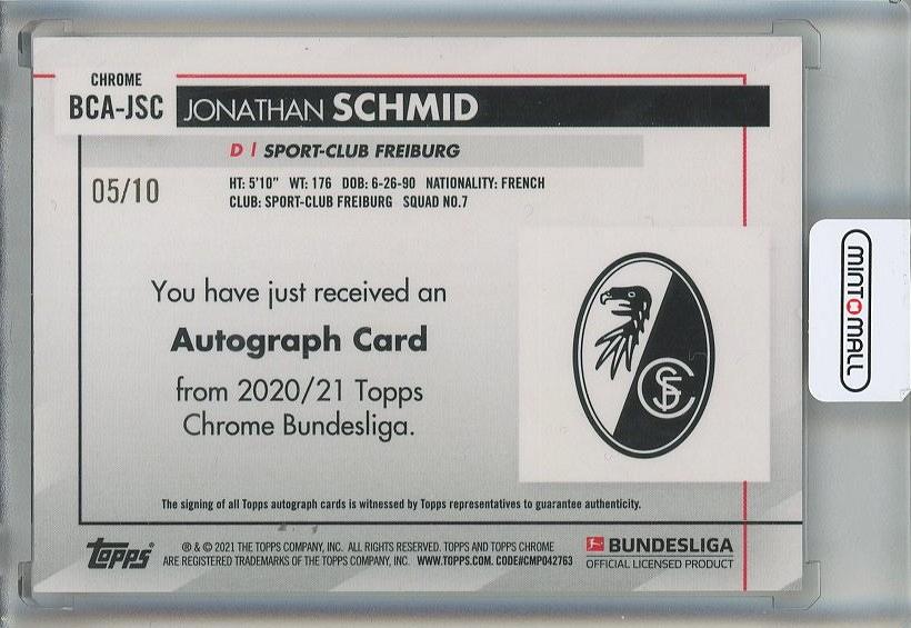 2020-21 Topps Chrome Bundesliga Jonathan Schmid Autographs Orange Refractors #BCAJSC5/10 SC Freiburg