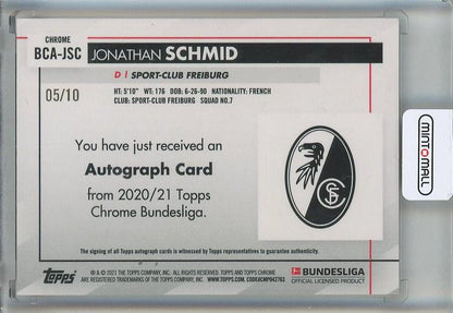 2020-21 Topps Chrome Bundesliga Jonathan Schmid Autographs Orange Refractors #BCAJSC5/10 SC Freiburg