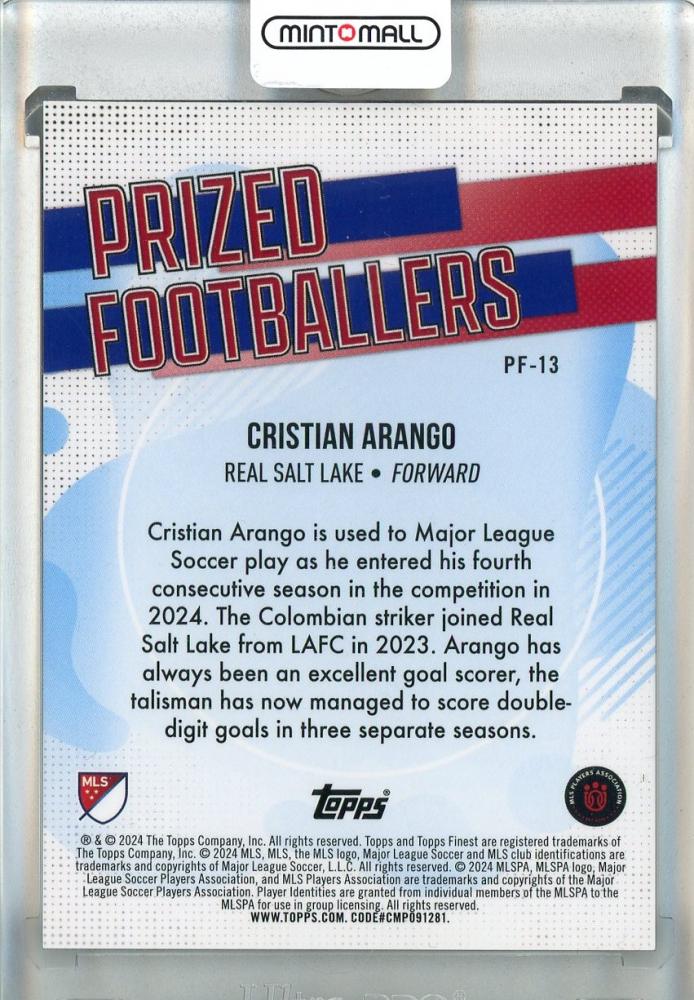 2024 Topps Finest MLS Cristian Arango Prized Footballers Black Refractors #PF13 Cristian Arango2/10 Real Salt Lake