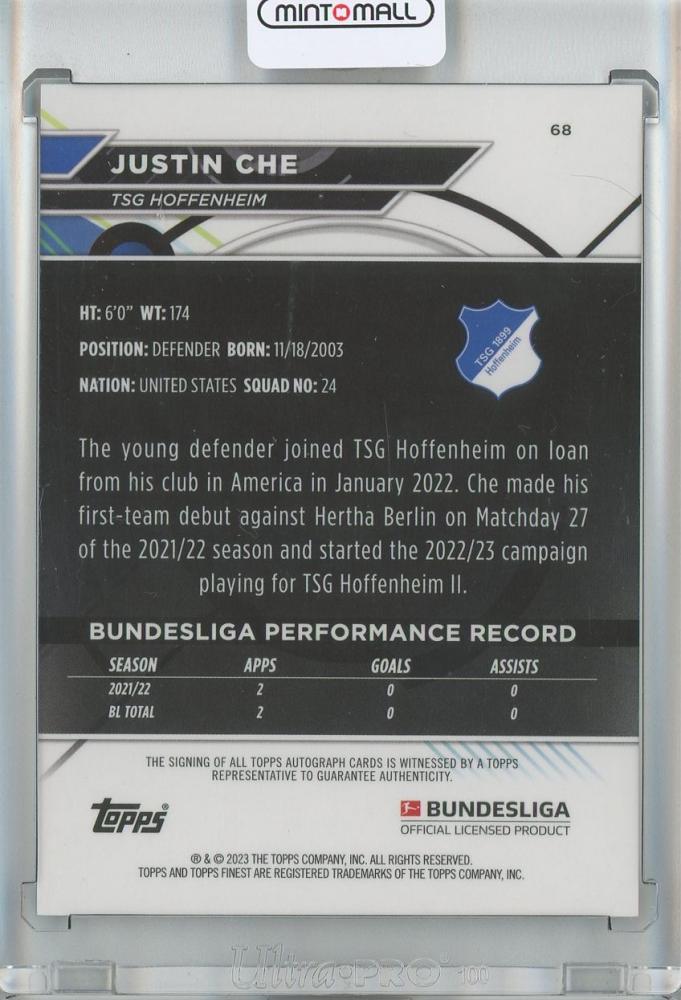2022-23 Topps Finest Bundesliga Soccer Justin Che Base Autographs TSG Hoffenheim