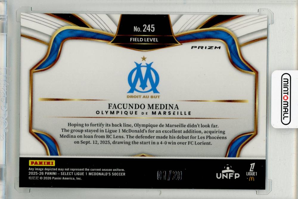 2025-26 PANINI Select Ligue 1 trading card featuring Facundo Medina in white jersey from Olympique De Marseille