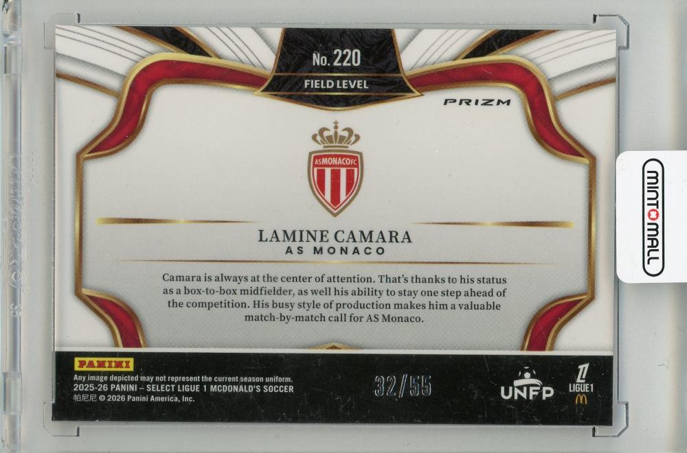 2025-26 PANINI Select Ligue 1 trading card featuring Lamine Camara in AS Monaco red kit, numbered 22032/55