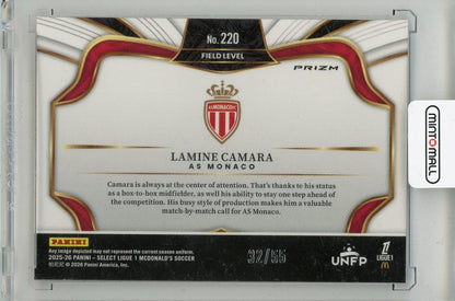2025-26 PANINI Select Ligue 1 trading card featuring Lamine Camara in AS Monaco red kit, numbered 22032/55