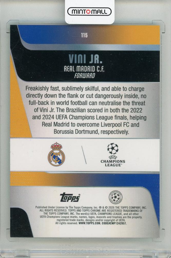 2025-26 TOPPS Chrome UEFA Club Vini Jr. Green Lava Refractors card #11543/99 featuring Real Madrid CF