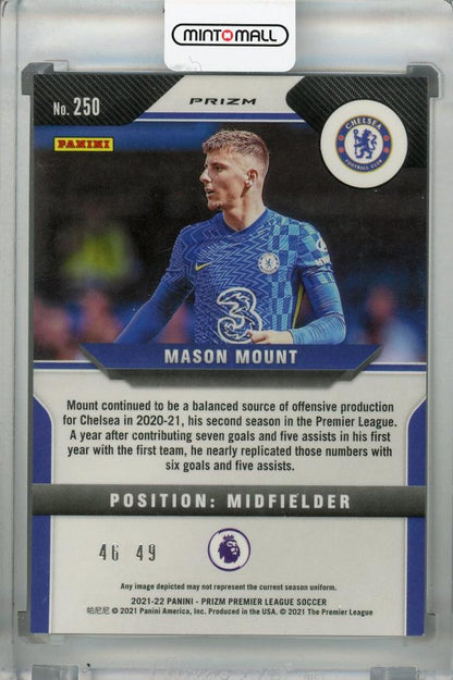 2021-22 Panini Prizm Premier League Mason Mount Chelsea FC Purple Ice parallel trading card numbered 46 out of 49