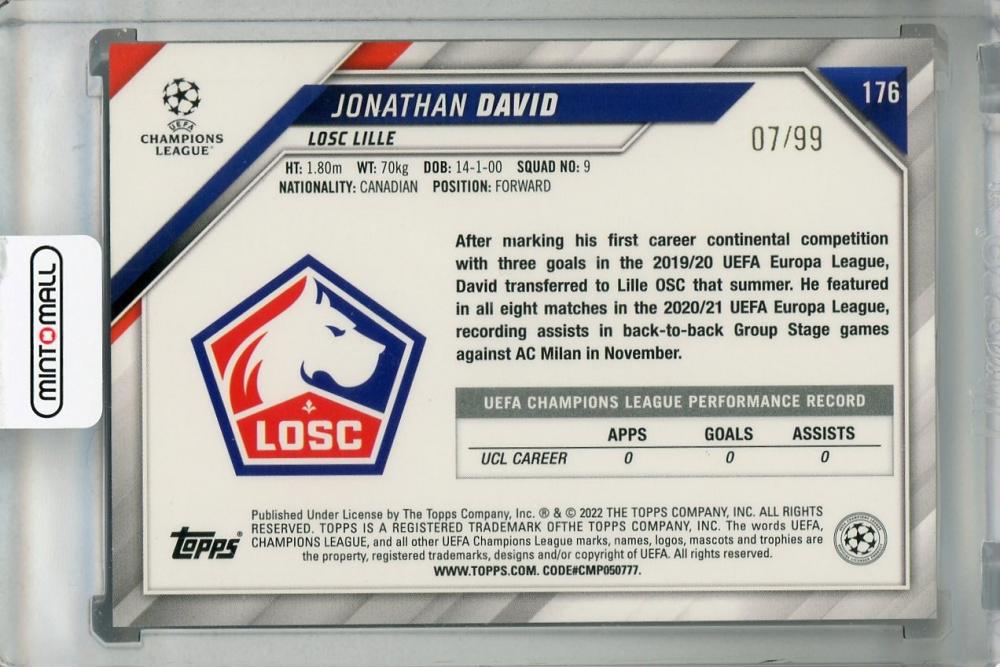 2021-22 Topps UEFA Champions League LOSC Lille Jonathan David Base Icy Blue Parallel trading card serial 07/99