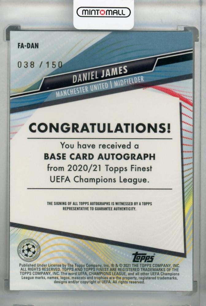 2020-21 Topps Finest UEFA Champions League Manchester United Daniel James Autographs Blue Parallel card number 038 of 150