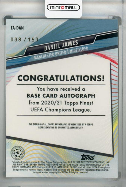 2020-21 Topps Finest UEFA Champions League Manchester United Daniel James Autographs Blue Parallel card number 038 of 150