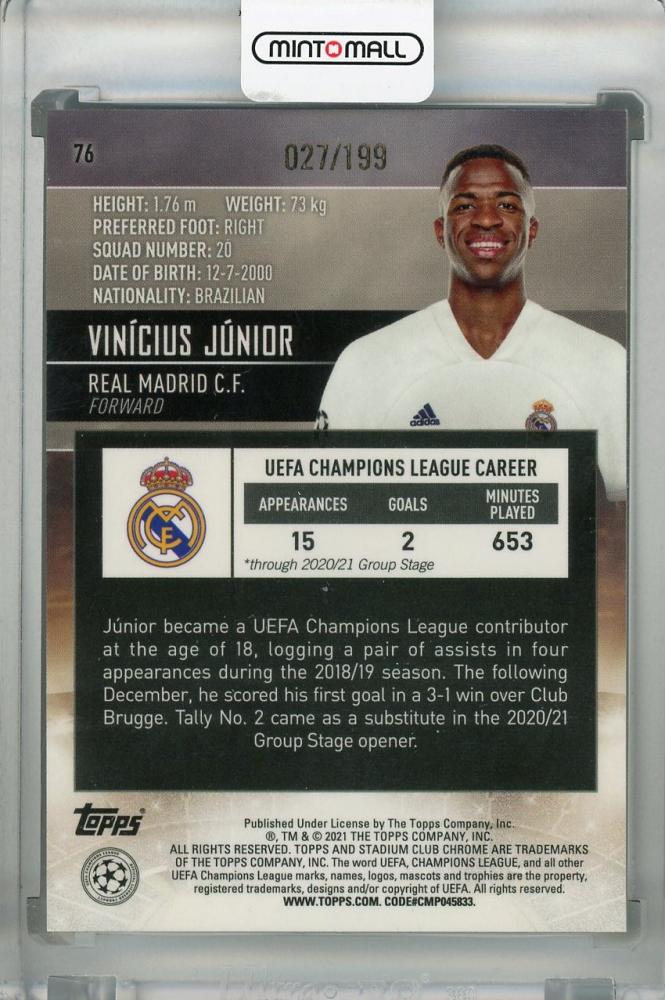 2020-21 Topps Stadium Club Chrome UEFA Champions League Vinicius Junior Real Madrid Aqua Parallel card 027/199