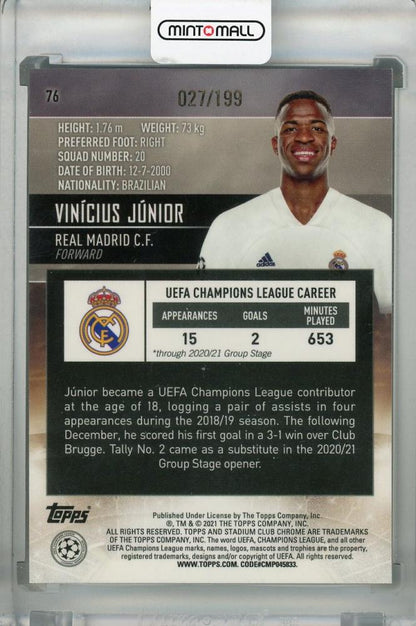 2020-21 Topps Stadium Club Chrome UEFA Champions League Vinicius Junior Real Madrid Aqua Parallel card 027/199