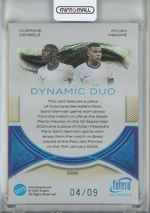 2024-25 Futera dual memorabilia featuring Ousmane Dembele and Kylian Mbappe from France, numbered DD054/9