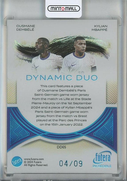 2024-25 Futera dual memorabilia featuring Ousmane Dembele and Kylian Mbappe from France, numbered DD054/9