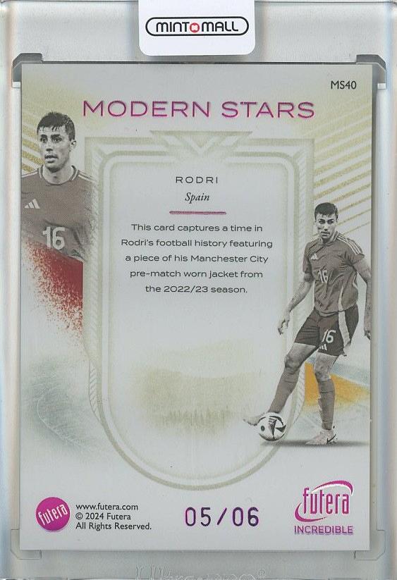 2024-25 Futera Incredible Rodri Modern Stars Memorabilia Amethyst card numbered MS405/6 from Spain
