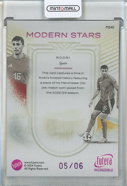 2024-25 Futera Incredible Rodri Modern Stars Memorabilia Amethyst card numbered MS405/6 from Spain