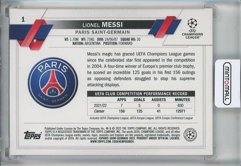 2022-23 Topps UEFA Club Competitions Lionel Messi Pink Mini-Diamond trading card featuring Paris Saint-Germain