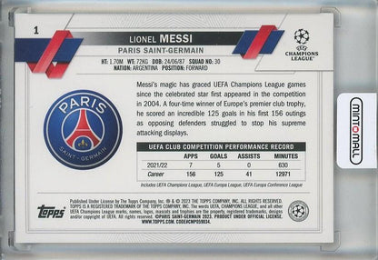 2022-23 Topps UEFA Club Competitions Lionel Messi Pink Mini-Diamond trading card featuring Paris Saint-Germain