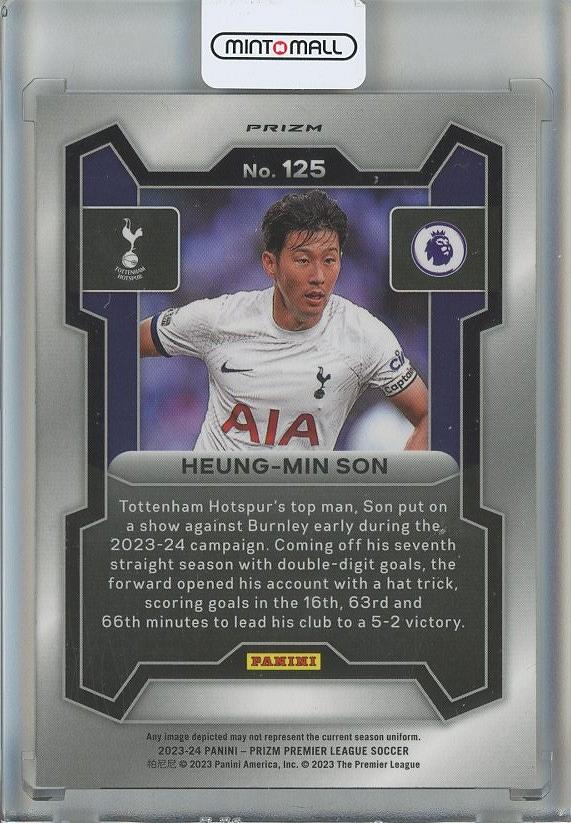 2023-24 Panini Prizm Premier League Heung-Min Son Tiger Stripe trading card from Tottenham Hotspur