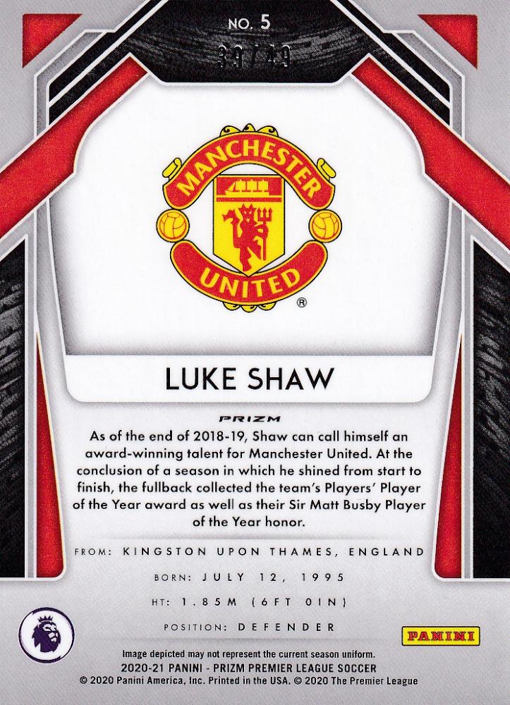 2020-21 Panini Prizm Premier League Luke Shaw Manchester United Green Ice Parallel card number 39 of 49