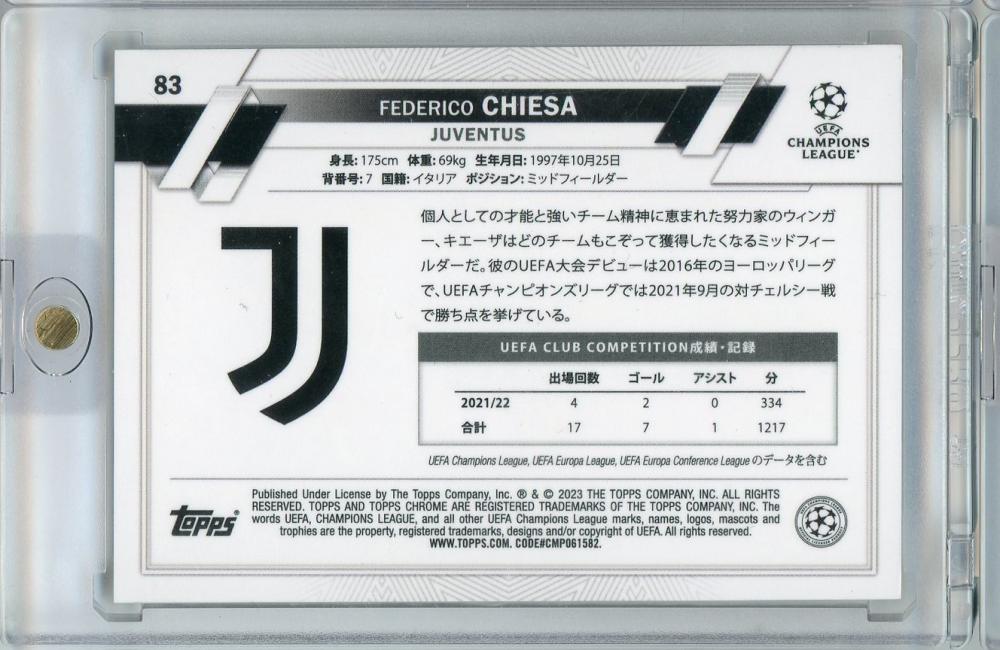 2022-23 Topps Chrome Sapphire UEFA Club Competitions Federico Chiesa 23/50 JUVENTUS *minor stain on back